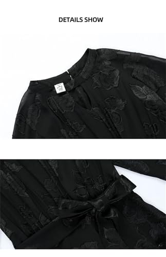 Las Mujeres Jacquard Vestido Largo Hueco A Cabo O-Cuello De Manga Larga Delgado Elegante Vestido Negro Que Fluye Black M