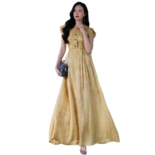 Las Mujeres Tobillo Vestido De Cuello O De Manga Corta De Cintura Delgada Vestido De Vacaciones Elegante Vestido Largo Yellow M