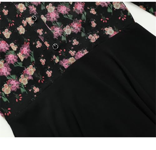 Mujeres Primavera Verano Floral Vestido De Gasa Cuello Camisa Delgado Vestido Largo Elegante Fluye Vestido De Media Pierna Floral S