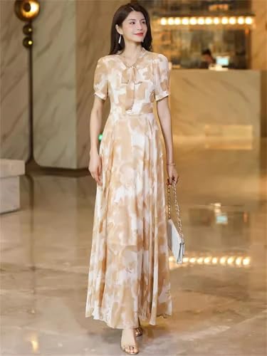 Las Mujeres De Verano De Impresión con Cuello En V De Manga Corta De Cintura Delgada Vestido Largo Elegante Que Fluye Vestido hasta El Tobillo Print L