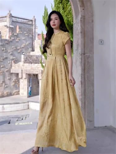 Las Mujeres Tobillo Vestido De Cuello O De Manga Corta De Cintura Delgada Vestido De Vacaciones Elegante Vestido Largo Yellow M