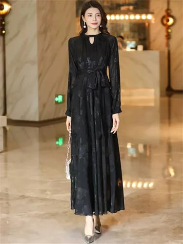 Las Mujeres Jacquard Vestido Largo Hueco A Cabo O-Cuello De Manga Larga Delgado Elegante Vestido Negro Que Fluye Black M