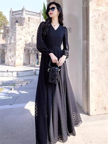Las Mujeres con Cuello En V De Manga Larga Delgado Vestido De La Cintura Elegante Vestido Largo Exquisito Black M