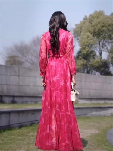 Las Mujeres De Verano De Gasa De Vacaciones Vestido Largo con Cuello En V De Manga Larga Delgado Elegante Que Fluye Tobillo-Longitud del Vestido Deep Rose XL