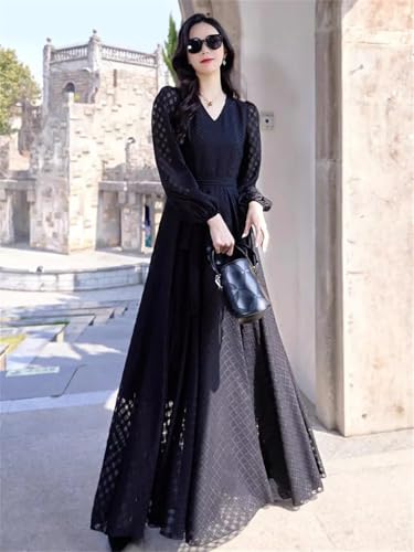 Las Mujeres con Cuello En V De Manga Larga Delgado Vestido De La Cintura Elegante Vestido Largo Exquisito Black M