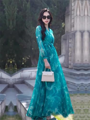 Las Mujeres De Verano De Gasa De Vacaciones Vestido Largo con Cuello En V De Manga Larga Delgado Elegante Que Fluye Tobillo-Longitud del Vestido Deep Rose XL