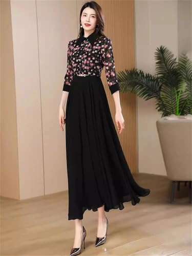 Mujeres Primavera Verano Floral Vestido De Gasa Cuello Camisa Delgado Vestido Largo Elegante Fluye Vestido De Media Pierna Floral S