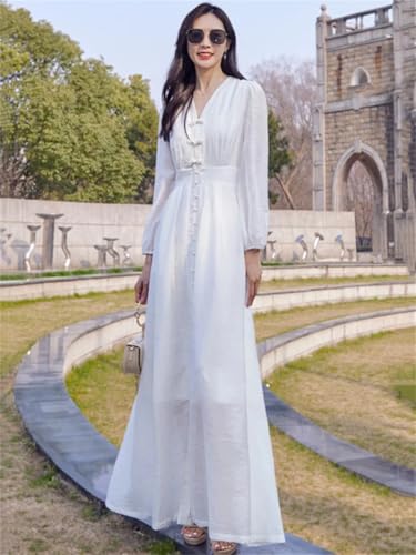 Las Mujeres Blancas Tobillo-Longitud V-Cuello De Manga Larga Vestido De Vacaciones Elegante Que Fluye Vestido Largo Delgado White XL