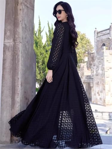 Las Mujeres con Cuello En V De Manga Larga Delgado Vestido De La Cintura Elegante Vestido Largo Exquisito Black M