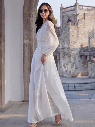 Las Mujeres Blancas Tobillo-Longitud V-Cuello De Manga Larga Vestido De Vacaciones Elegante Que Fluye Vestido Largo Delgado White XL