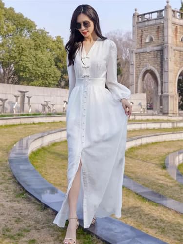 Las Mujeres Blancas Tobillo-Longitud V-Cuello De Manga Larga Vestido De Vacaciones Elegante Que Fluye Vestido Largo Delgado White XL
