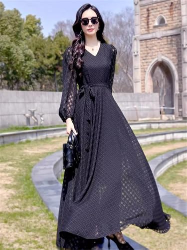 Las Mujeres con Cuello En V De Manga Larga Delgado Vestido De La Cintura Elegante Vestido Largo Exquisito Black M