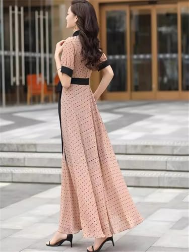 Las Mujeres De Verano De Puntos Vestido De Contraste De Color De Manga Corta Vestido De Gasa Elegante Simplicidad De Vestir Apricot Dot L