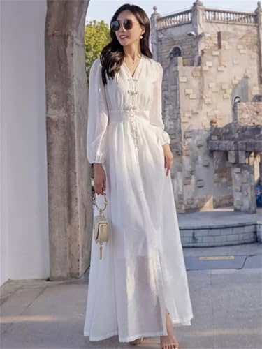 Las Mujeres Blancas Tobillo-Longitud V-Cuello De Manga Larga Vestido De Vacaciones Elegante Que Fluye Vestido Largo Delgado White XL