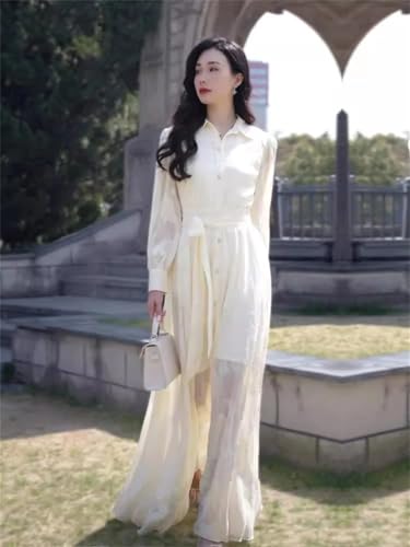 Las Mujeres hasta Los Tobillos Cuello Vuelto De Un Solo Pecho Delgado Vestido De Cintura Larga Elegante Vestido De Camisa Exquisita Picture Color L