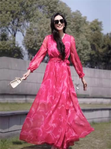 Las Mujeres De Verano De Gasa De Vacaciones Vestido Largo con Cuello En V De Manga Larga Delgado Elegante Que Fluye Tobillo-Longitud del Vestido Deep Rose XL