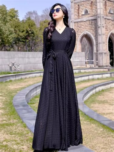 Las Mujeres con Cuello En V De Manga Larga Delgado Vestido De La Cintura Elegante Vestido Largo Exquisito Black M