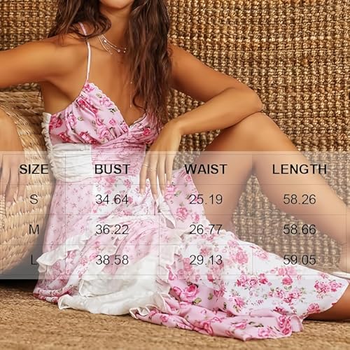 Women Floral Maxi Dress Patchwork Maxi Floral Dress Spaghetti Straps Boho Sundress Tiered Long Dresses (Pink,S)