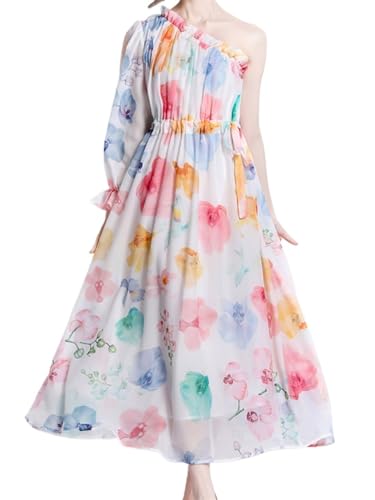 Vestidos de Mujer Verano Slash Cuello Un Hombro Estampado Floral Vestidos Largos Boho Beachwear Gasa Sundress (Color : A555, Size : Small)