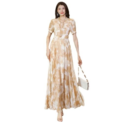 Las Mujeres De Verano De Impresión con Cuello En V De Manga Corta De Cintura Delgada Vestido Largo Elegante Que Fluye Vestido hasta El Tobillo Print L