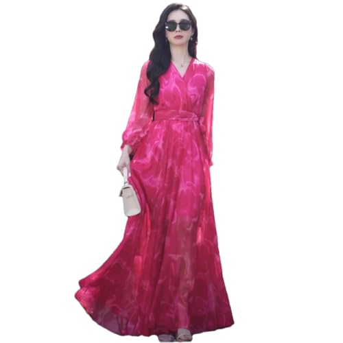 Las Mujeres De Verano De Gasa De Vacaciones Vestido Largo con Cuello En V De Manga Larga Delgado Elegante Que Fluye Tobillo-Longitud del Vestido Deep Rose XL