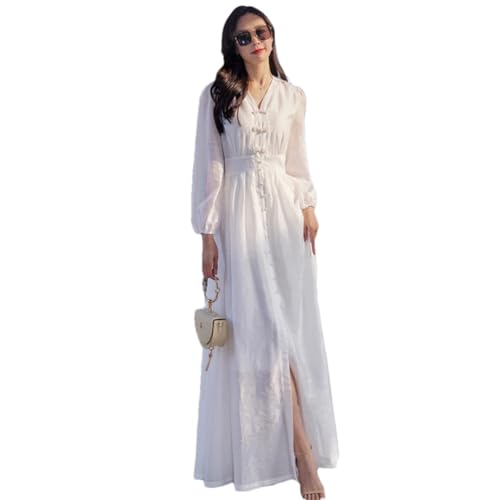 Las Mujeres Blancas Tobillo-Longitud V-Cuello De Manga Larga Vestido De Vacaciones Elegante Que Fluye Vestido Largo Delgado White XL