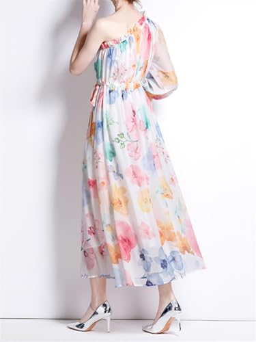 Vestidos de Mujer Verano Slash Cuello Un Hombro Estampado Floral Vestidos Largos Boho Beachwear Gasa Sundress (Color : A555, Size : Small)