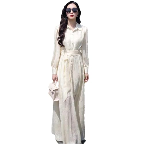 Las Mujeres hasta Los Tobillos Cuello Vuelto De Un Solo Pecho Delgado Vestido De Cintura Larga Elegante Vestido De Camisa Exquisita Picture Color L