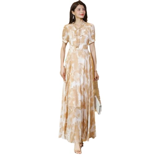 Las Mujeres De Verano De Impresión con Cuello En V De Manga Corta De Cintura Delgada Vestido Largo Elegante Que Fluye Vestido hasta El Tobillo Print L
