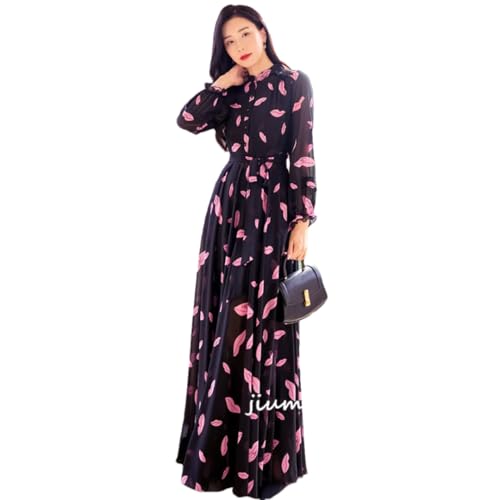 Las Mujeres De Impresión De Vacaciones De Cuello De Pie De Manga Larga Tobillo-Longitud del Vestido Elegante Vestido De Playa Que Fluye Picture Color L