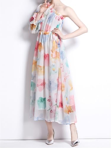 Vestidos de Mujer Verano Slash Cuello Un Hombro Estampado Floral Vestidos Largos Boho Beachwear Gasa Sundress (Color : A555, Size : Small)