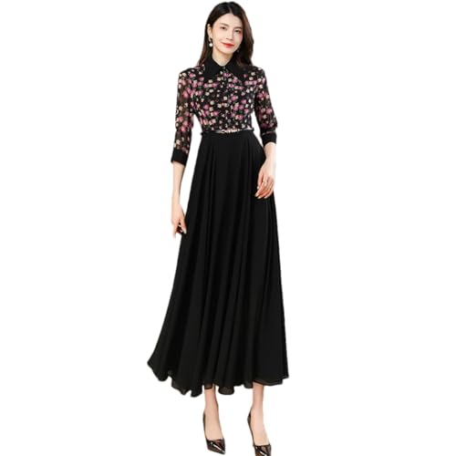 Mujeres Primavera Verano Floral Vestido De Gasa Cuello Camisa Delgado Vestido Largo Elegante Fluye Vestido De Media Pierna Floral S