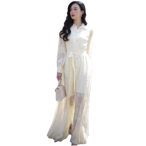 Las Mujeres hasta Los Tobillos Cuello Vuelto De Un Solo Pecho Delgado Vestido De Cintura Larga Elegante Vestido De Camisa Exquisita Picture Color L