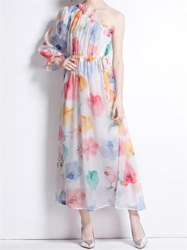 Vestidos de Mujer Verano Slash Cuello Un Hombro Estampado Floral Vestidos Largos Boho Beachwear Gasa Sundress (Color : A555, Size : Small)