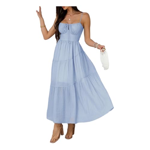 CHENZKBD Vestido de Mujer Summer Casual Mujeres para Maxi Sundress Spaghetti Strap Bow Flowing Vestido-Azul-Metro