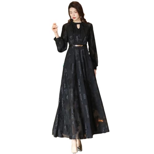 Las Mujeres Jacquard Vestido Largo Hueco A Cabo O-Cuello De Manga Larga Delgado Elegante Vestido Negro Que Fluye Black M
