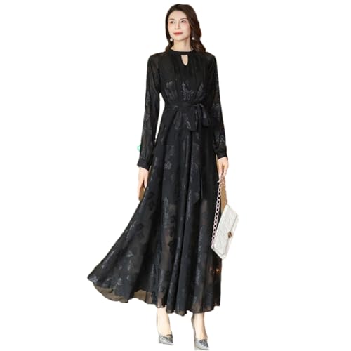 Las Mujeres Jacquard Vestido Largo Hueco A Cabo O-Cuello De Manga Larga Delgado Elegante Vestido Negro Que Fluye Black M