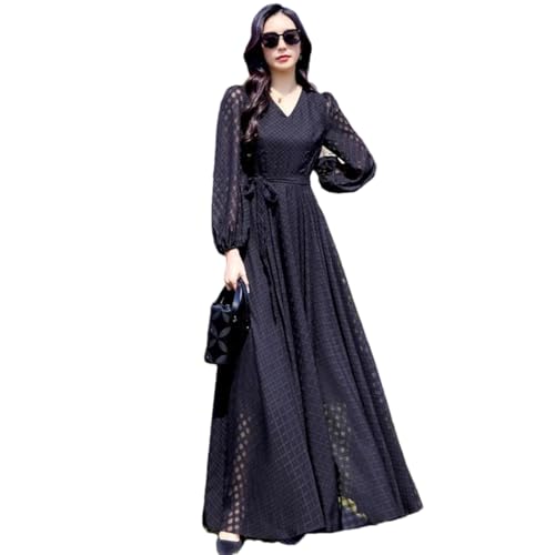 Las Mujeres con Cuello En V De Manga Larga Delgado Vestido De La Cintura Elegante Vestido Largo Exquisito Black M