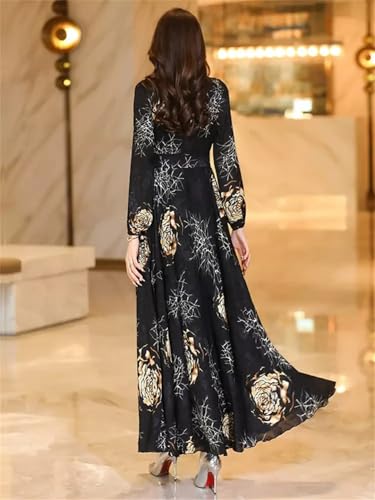 Las Mujeres De Primavera Verano De Impresión Vestido Largo Cuello En V Manga Larga Vestido Delgado Elegante Fluye Vestido Largo Black L