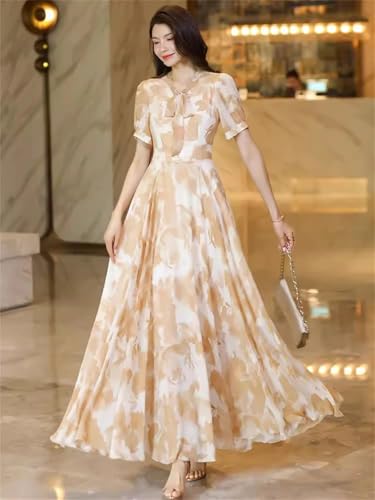 Las Mujeres De Verano De Impresión con Cuello En V De Manga Corta De Cintura Delgada Vestido Largo Elegante Que Fluye Vestido hasta El Tobillo Print L