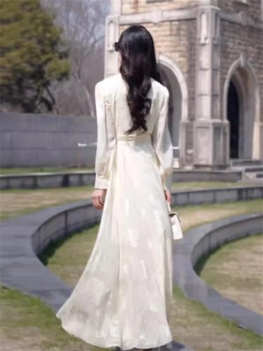 Las Mujeres hasta Los Tobillos Cuello Vuelto De Un Solo Pecho Delgado Vestido De Cintura Larga Elegante Vestido De Camisa Exquisita Picture Color L