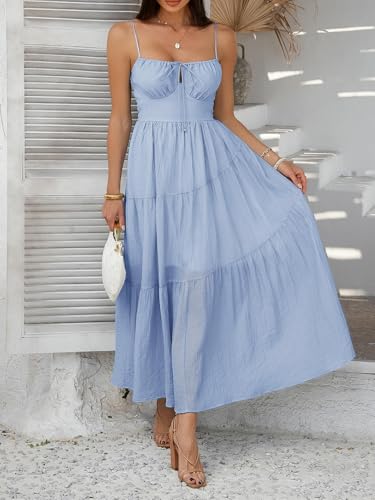 CHENZKBD Vestido de Mujer Summer Casual Mujeres para Maxi Sundress Spaghetti Strap Bow Flowing Vestido-Azul-Metro
