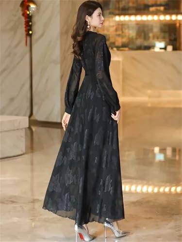 Las Mujeres Jacquard Vestido Largo Hueco A Cabo O-Cuello De Manga Larga Delgado Elegante Vestido Negro Que Fluye Black M