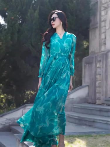Las Mujeres De Verano De Gasa De Vacaciones Vestido Largo con Cuello En V De Manga Larga Delgado Elegante Que Fluye Tobillo-Longitud del Vestido Deep Rose XL