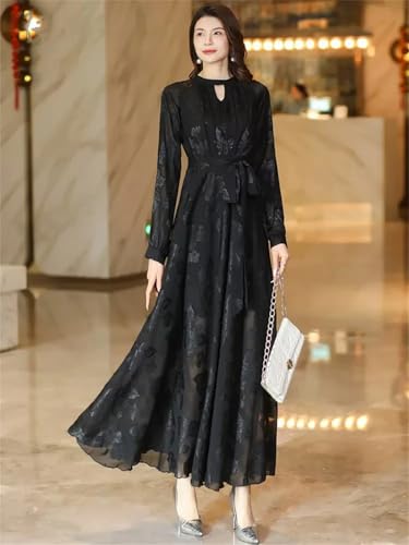Las Mujeres Jacquard Vestido Largo Hueco A Cabo O-Cuello De Manga Larga Delgado Elegante Vestido Negro Que Fluye Black M