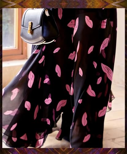 Las Mujeres De Impresión De Vacaciones De Cuello De Pie De Manga Larga Tobillo-Longitud del Vestido Elegante Vestido De Playa Que Fluye Picture Color L