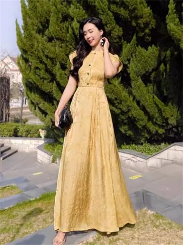 Las Mujeres Tobillo Vestido De Cuello O De Manga Corta De Cintura Delgada Vestido De Vacaciones Elegante Vestido Largo Yellow M