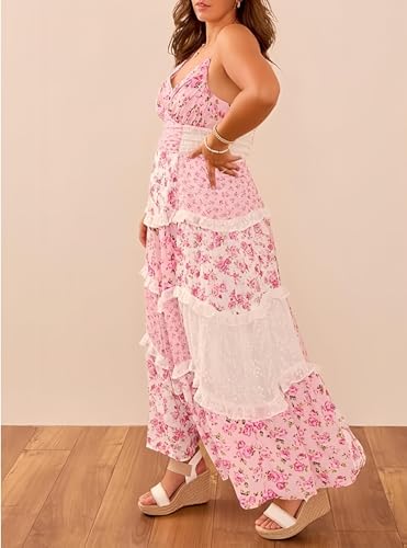 Women Floral Maxi Dress Patchwork Maxi Floral Dress Spaghetti Straps Boho Sundress Tiered Long Dresses (Pink,S)