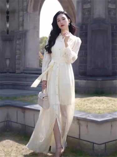 Las Mujeres hasta Los Tobillos Cuello Vuelto De Un Solo Pecho Delgado Vestido De Cintura Larga Elegante Vestido De Camisa Exquisita Picture Color L