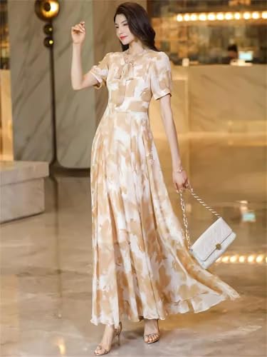 Las Mujeres De Verano De Impresión con Cuello En V De Manga Corta De Cintura Delgada Vestido Largo Elegante Que Fluye Vestido hasta El Tobillo Print L